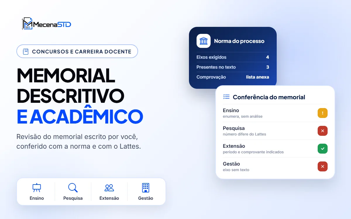 Revisão de memorial descritivo e memorial acadêmico para concurso docente, promoção e pós-graduação - MecenaSTD