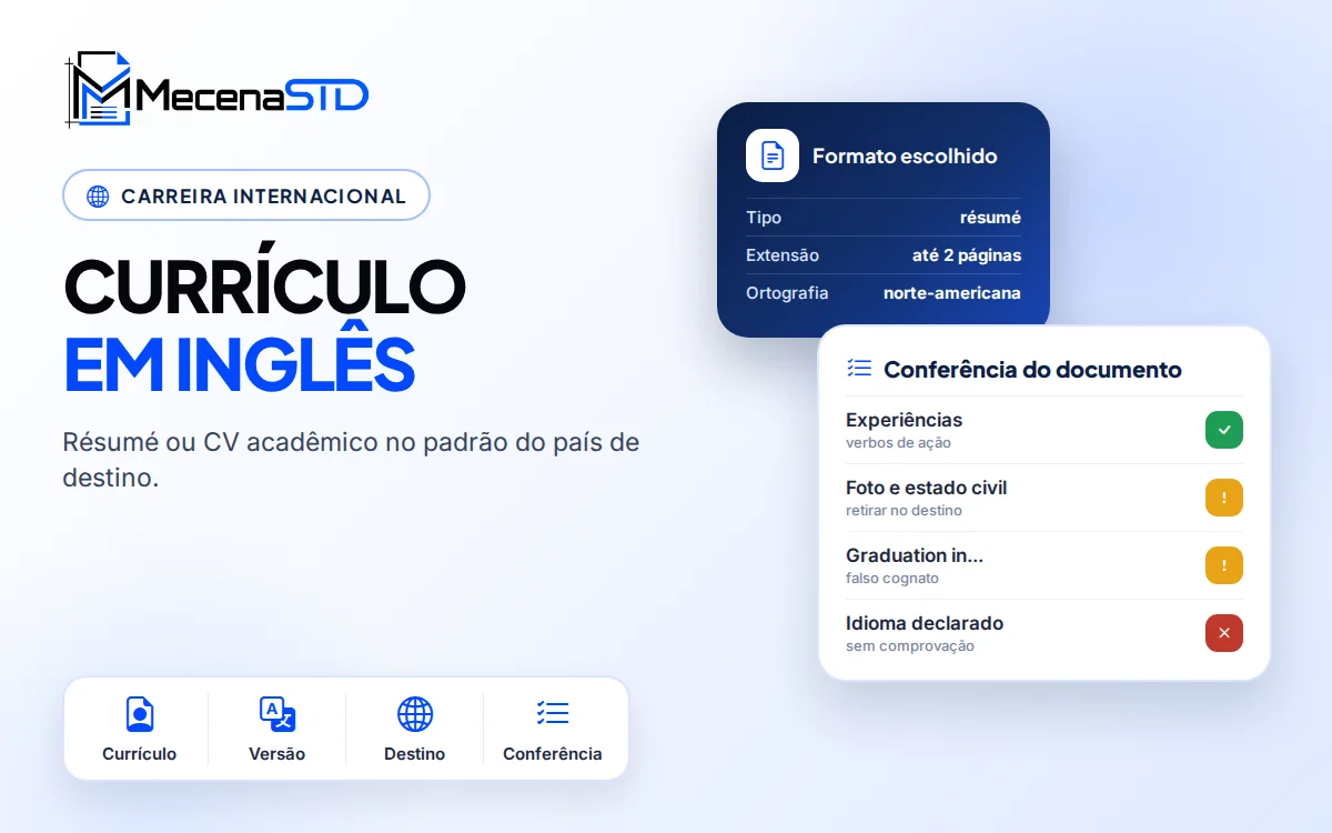 Revisão de currículo em inglês no formato résumé ou CV acadêmico para vagas internacionais - MecenaSTD