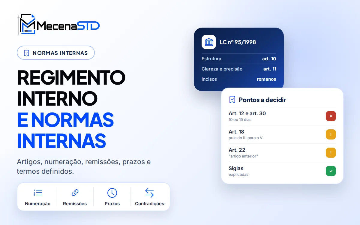 Revisão formal de regimento interno e normas internas com quadro de pontos a decidir - MecenaSTD