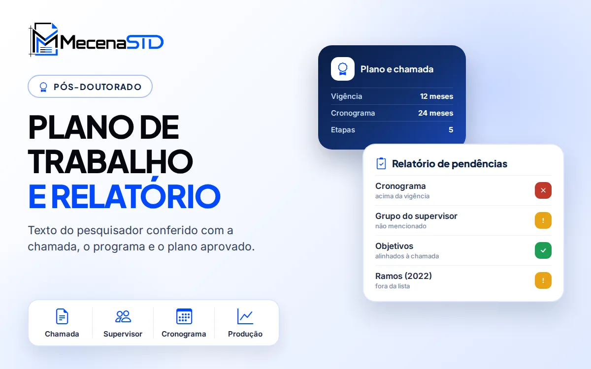 Revisão de plano de trabalho e relatório de pós-doutorado conforme a chamada da agência - MecenaSTD