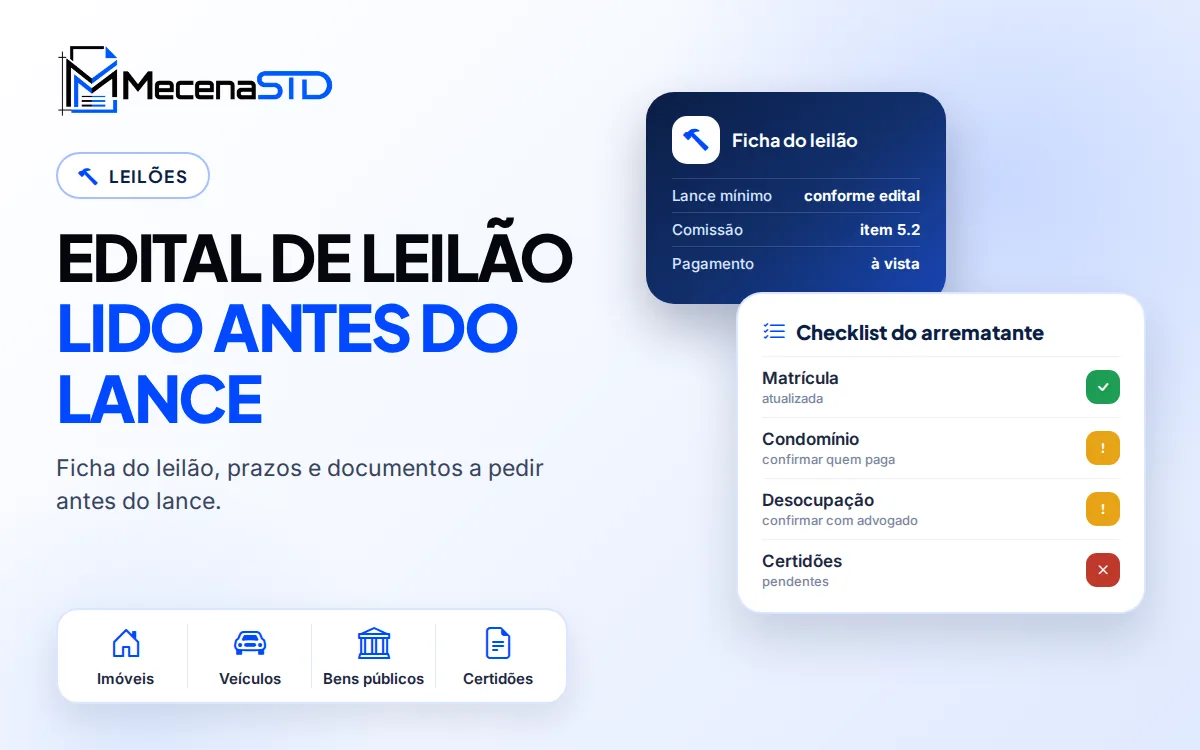 Leitura de edital de leilão com ficha do leilão, prazos e checklist de documentos do arrematante - MecenaSTD